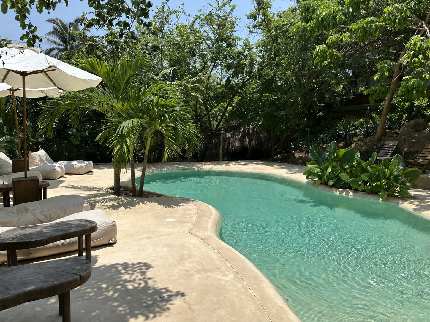 Alberca de agua turquesa rodeada de palmeras en Cocos Hotel Zipolite