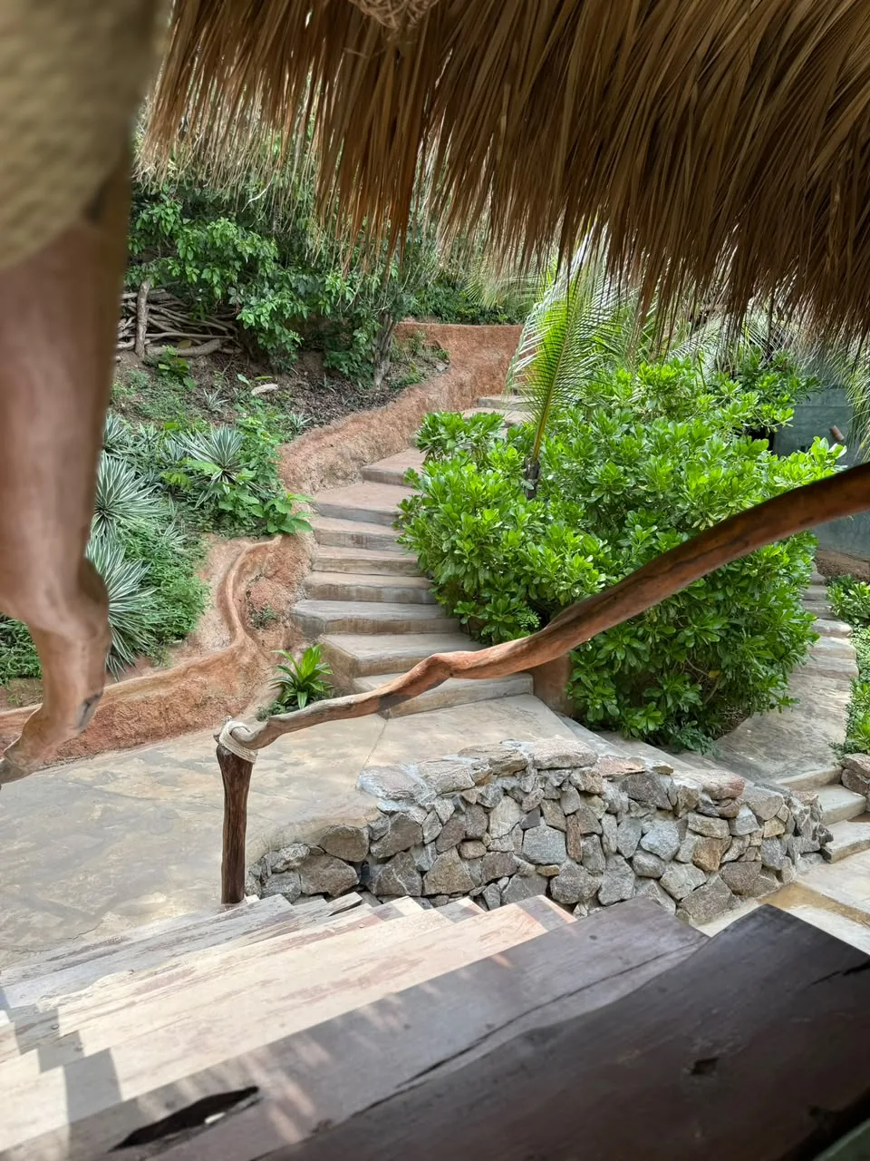 Escalinata de piedra bajo la palapa, entre la vegetación del hotel